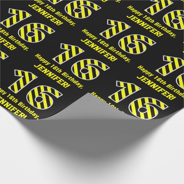 Black & Yellow Striped "16"; 16th Birthday + Name Wrapping Paper (Corner)