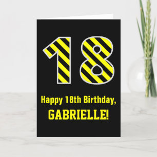 Black & Yellow Striped "18"; 18th Birthday + Name Card