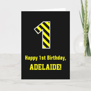 Black & Yellow Striped "1"; 1st Birthday + Name Card