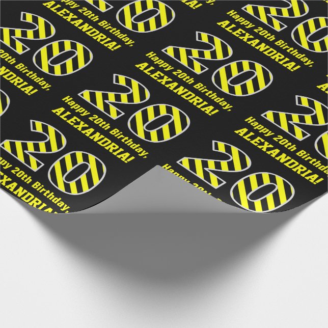Black & Yellow Striped "20"; 20th Birthday + Name Wrapping Paper (Corner)