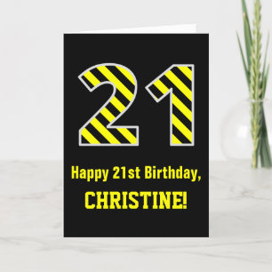 Black & Yellow Striped "21"; 21st Birthday + Name Card