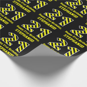 Black & Yellow Striped "21"; 21st Birthday + Name Wrapping Paper