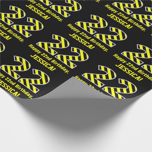 Black & Yellow Striped "22"; 22nd Birthday + Name Wrapping Paper (Corner)