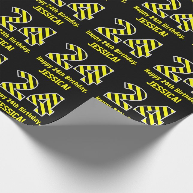 Black & Yellow Striped "24"; 24th Birthday + Name Wrapping Paper (Corner)