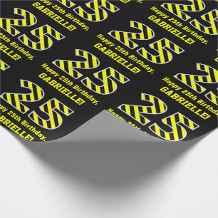 Black & Yellow Striped "25"; 25th Birthday + Name Wrapping Paper