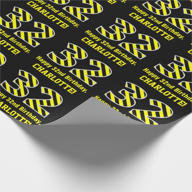 Black & Yellow Striped "32"; 32nd Birthday + Name Wrapping Paper (Corner)