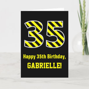 Black & Yellow Striped "35"; 35th Birthday + Name Card