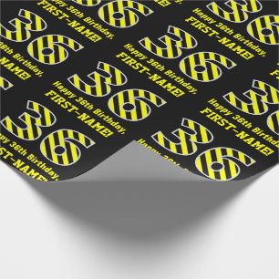 Black & Yellow Striped "36"; 36th Birthday + Name Wrapping Paper