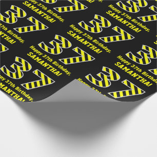 Black & Yellow Striped "37"; 37th Birthday + Name Wrapping Paper