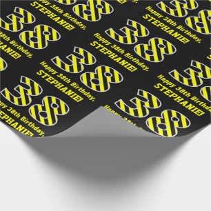 Black & Yellow Striped "38"; 38th Birthday + Name Wrapping Paper