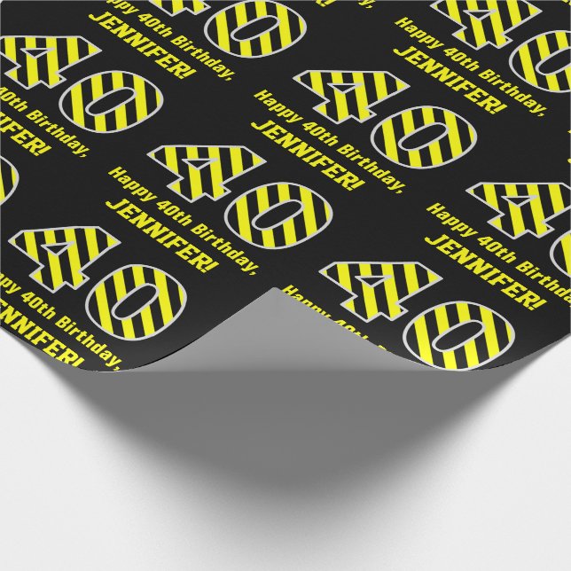 Black & Yellow Striped "40"; 40th Birthday + Name Wrapping Paper (Corner)