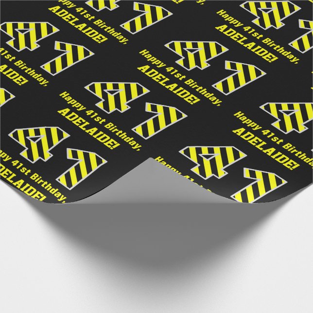 Black & Yellow Striped "41"; 41st Birthday + Name Wrapping Paper (Corner)