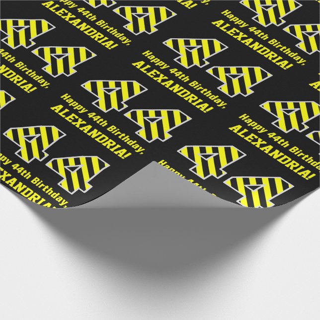 Black & Yellow Striped "44"; 44th Birthday + Name Wrapping Paper (Corner)