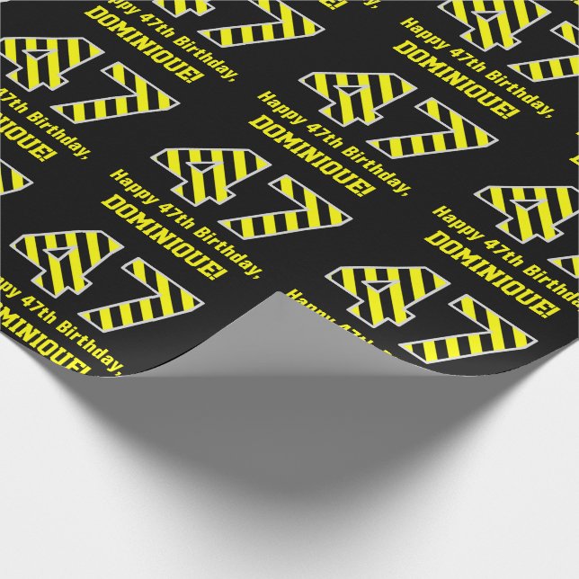 Black & Yellow Striped "47"; 47th Birthday + Name Wrapping Paper (Corner)