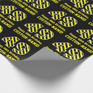 Black & Yellow Striped "49"; 49th Birthday + Name Wrapping Paper