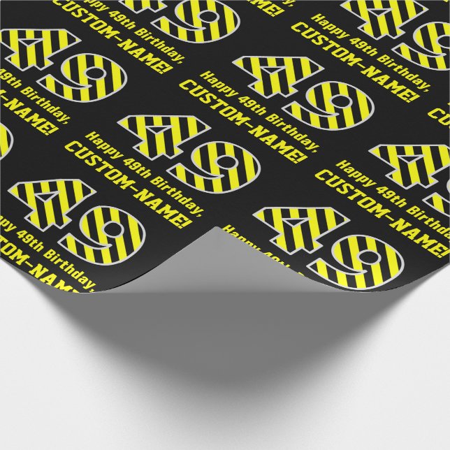 Black & Yellow Striped "49"; 49th Birthday + Name Wrapping Paper (Corner)