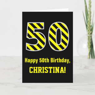 Black & Yellow Striped "50"; 50th Birthday + Name Card