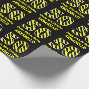 Black & Yellow Striped "50"; 50th Birthday + Name Wrapping Paper