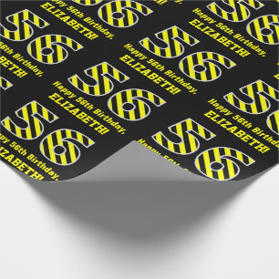 Black & Yellow Striped "56"; 56th Birthday + Name Wrapping Paper
