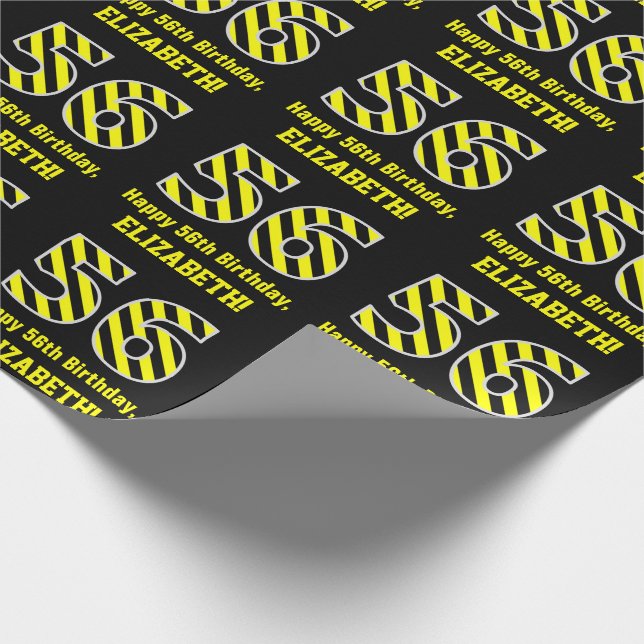 Black & Yellow Striped "56"; 56th Birthday + Name Wrapping Paper (Corner)