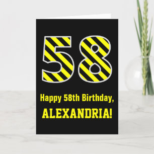 Black & Yellow Striped "58"; 58th Birthday + Name Card