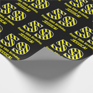 Black & Yellow Striped "59"; 59th Birthday + Name Wrapping Paper