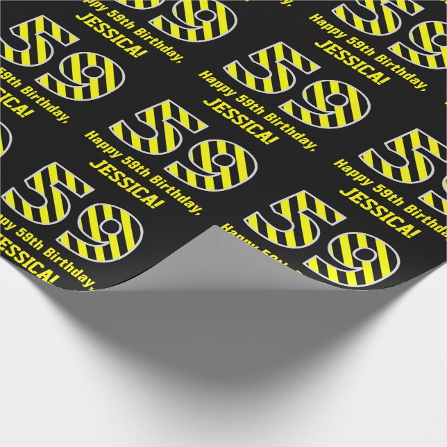 Black & Yellow Striped "59"; 59th Birthday + Name Wrapping Paper (Corner)