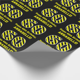 Black & Yellow Striped "60"; 60th Birthday + Name Wrapping Paper