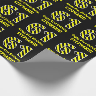Black & Yellow Striped "61"; 61st Birthday + Name Wrapping Paper