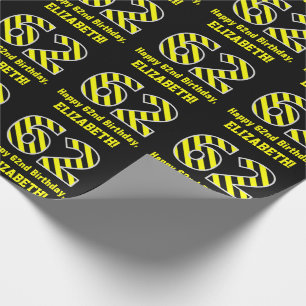 Black & Yellow Striped "62"; 62nd Birthday + Name Wrapping Paper