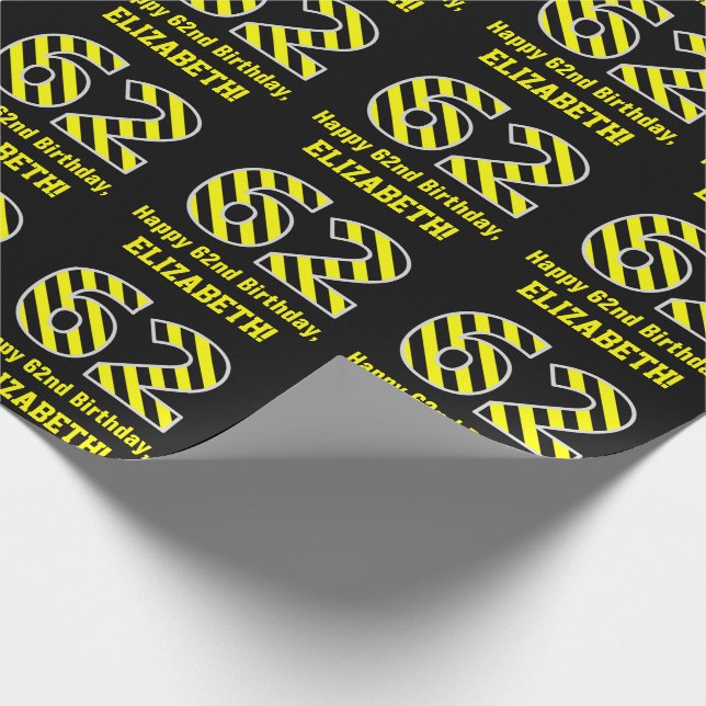 Black & Yellow Striped "62"; 62nd Birthday + Name Wrapping Paper (Corner)