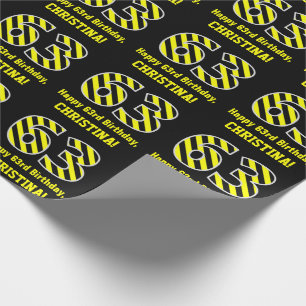 Black & Yellow Striped "63"; 63rd Birthday + Name Wrapping Paper