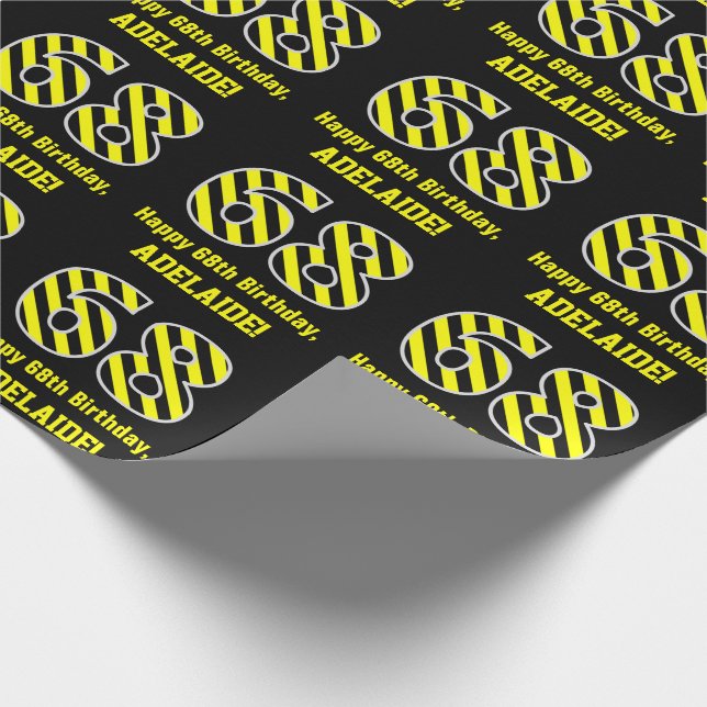 Black & Yellow Striped "68"; 68th Birthday + Name Wrapping Paper (Corner)