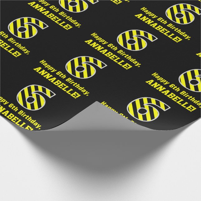 Black & Yellow Striped "6"; 6th Birthday + Name Wrapping Paper (Corner)