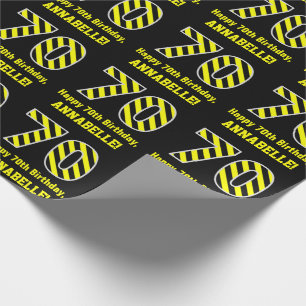 Black & Yellow Striped "70"; 70th Birthday + Name Wrapping Paper