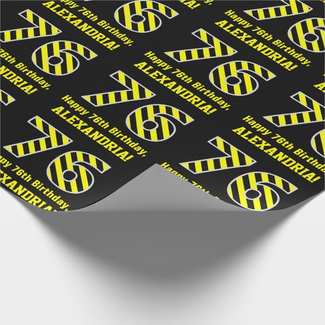 Black & Yellow Striped "76"; 76th Birthday + Name Wrapping Paper (Corner)