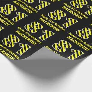 Black & Yellow Striped "81"; 81st Birthday + Name Wrapping Paper