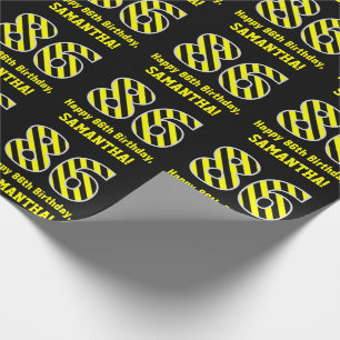 Black & Yellow Striped "86"; 86th Birthday + Name Wrapping Paper