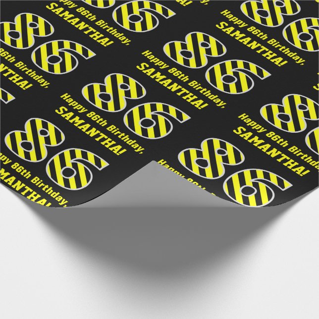 Black & Yellow Striped "86"; 86th Birthday + Name Wrapping Paper (Corner)
