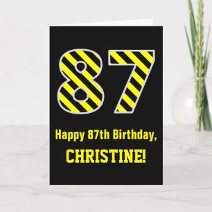 Black & Yellow Striped "87"; 87th Birthday + Name Card