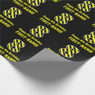 Black & Yellow Striped "8"; 8th Birthday + Name Wrapping Paper