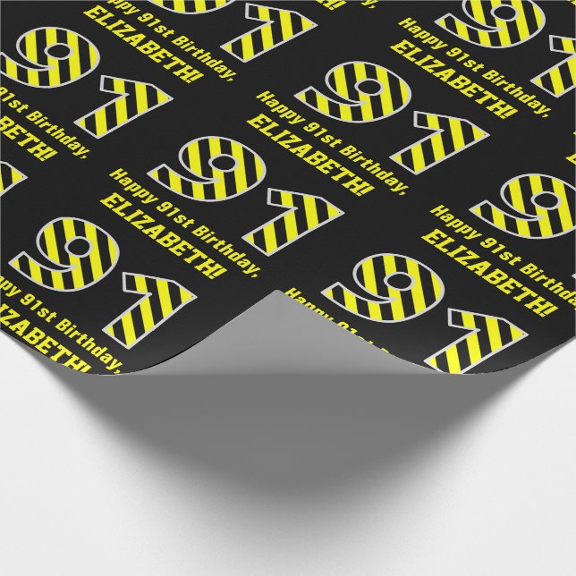 Black & Yellow Striped "91"; 91st Birthday + Name Wrapping Paper (Corner)