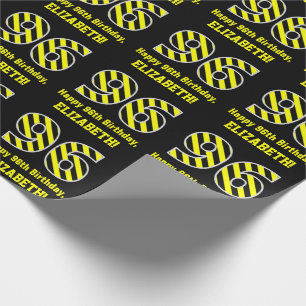 Black & Yellow Striped "96"; 96th Birthday + Name Wrapping Paper