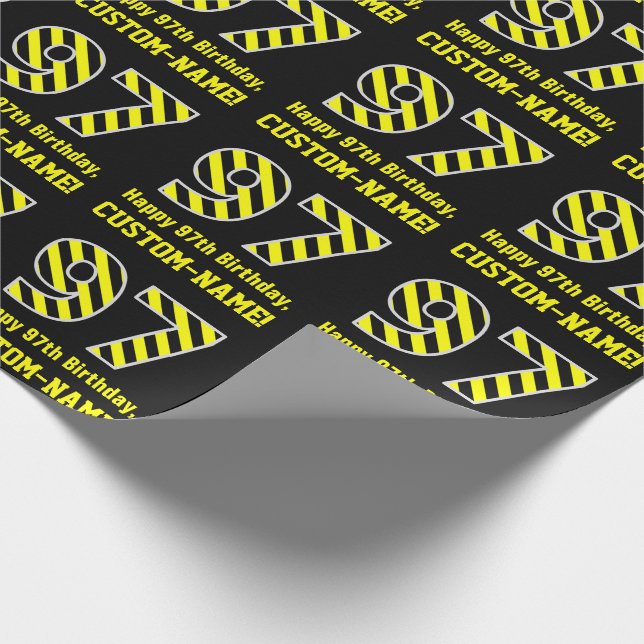 Black & Yellow Striped "97"; 97th Birthday + Name Wrapping Paper (Corner)