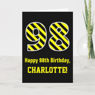 Black & Yellow Striped "98"; 98th Birthday + Name Card