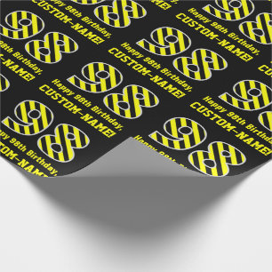 Black & Yellow Striped "98"; 98th Birthday + Name Wrapping Paper