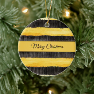 Black Yellow Stripes "Merry Christmas" Ceramic Ornament