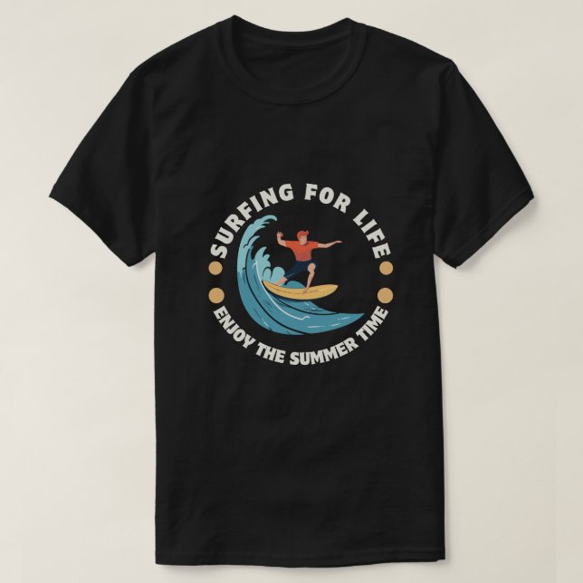 Black & Yellow Surfing For Life Design T-Shirt (Design Front)