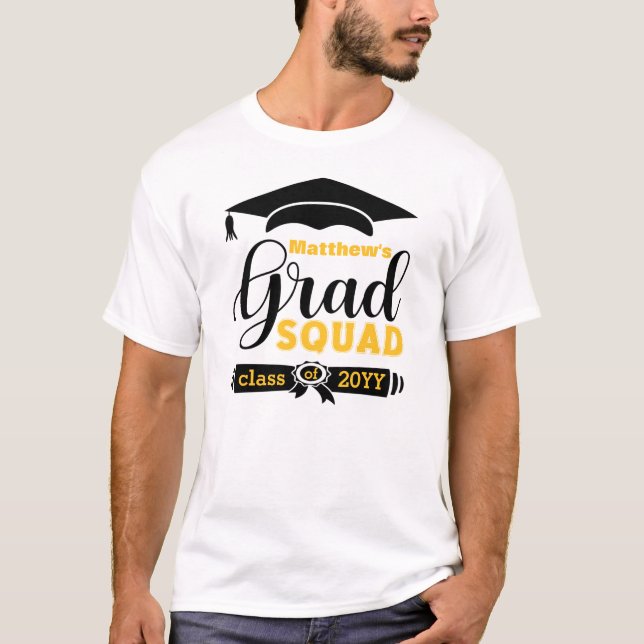 Black & Yellow Text Custom Mens White Grad Squad T-Shirt (Front)