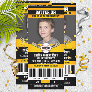 Black Yellow Ticket Style Baseball Birthday Party Invitation